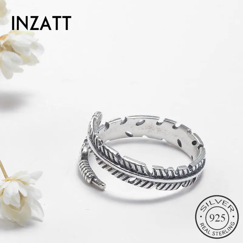 

INZATT Vintage Elegant Feather Personality Adjustable Ring Genuine 925 Sterling Silver Fine Jewelry For Charm Women Bijoux Gift