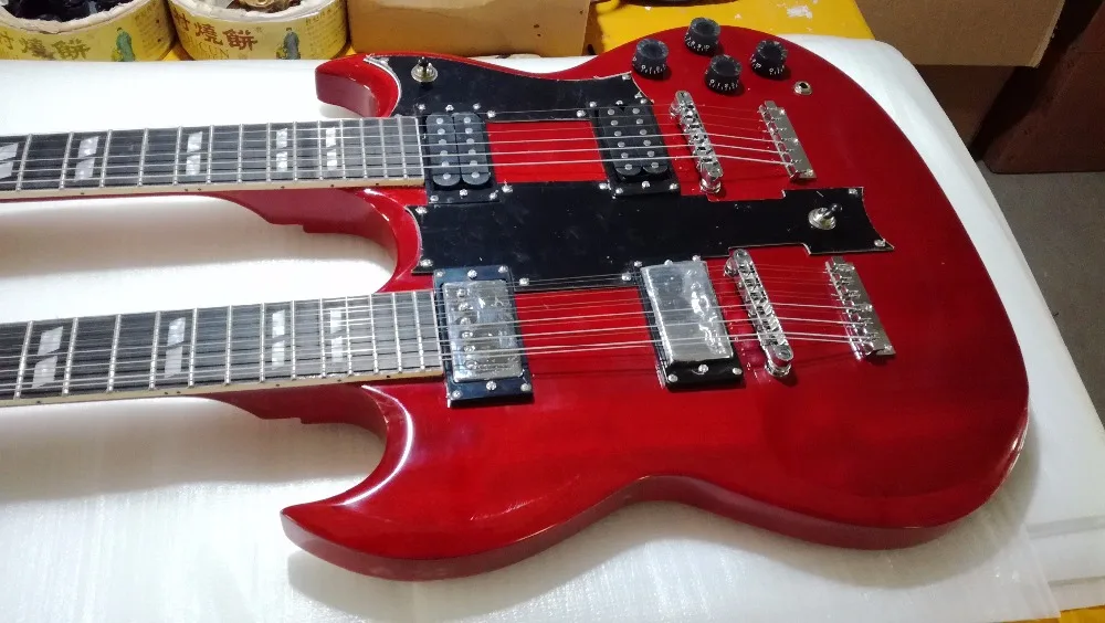 

Double necks 12 strings plus 6 strings transparent red color electric guitar