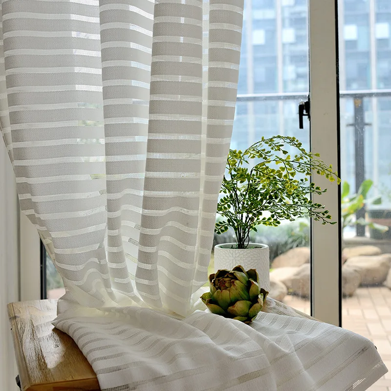 Cortinas de tul a rayas modernas para sala de estar gasa blanca cortinas cortas transparentes para tratamiento de ventana de dormitorio Panel Individual Cocina