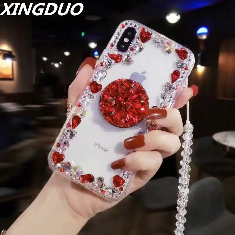 

XINGDUO Diamond Balloon holder Stand Back Cover Shell for Samsung S10 S9 S8 Note 8 9/A8 J4 J6 J8 2018 Glitter Transparent shell