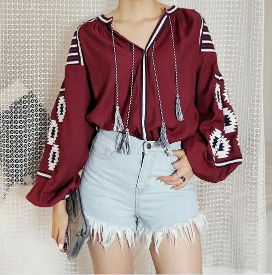 bohemian ethnic long sleeve v neck white embroidery blouse women 2017