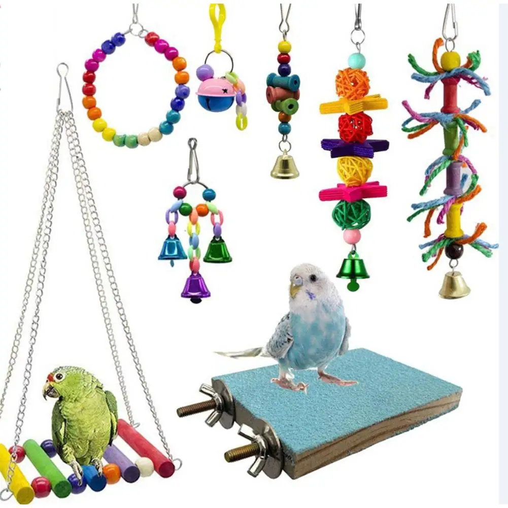 

New 8Pcs/Set Parrot Bite Toy Frosted Springboard Swing Ring Bell String Cage For Parakeet Cockatiel Chew Fun toys Pet Bird Toy