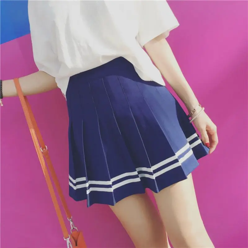 

High School Women Pleated Skirt Casual High waist Japanese style Mini skirts blue and white Girls cute Sailor skirts saia midi