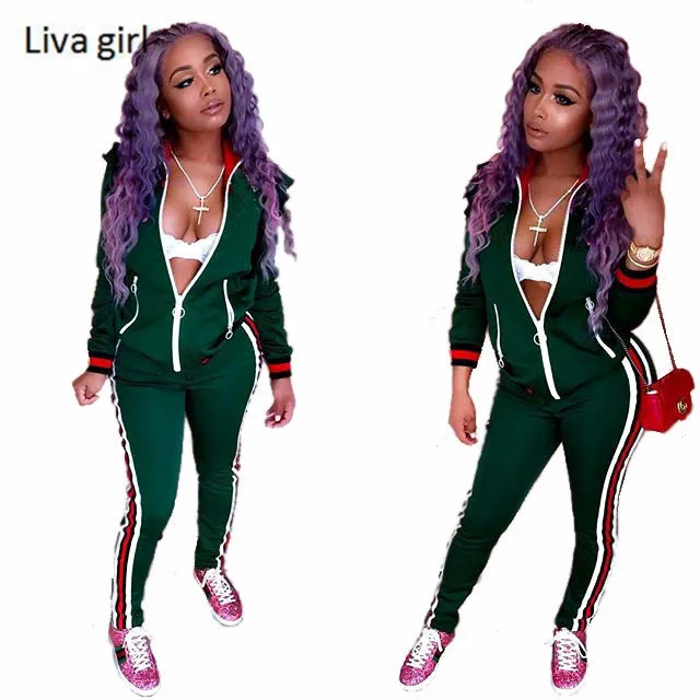 

Two Piece Set 2019 summer Letters print Jacke Pants Green Fitness Outfit Casual Suits Women Tracksuit