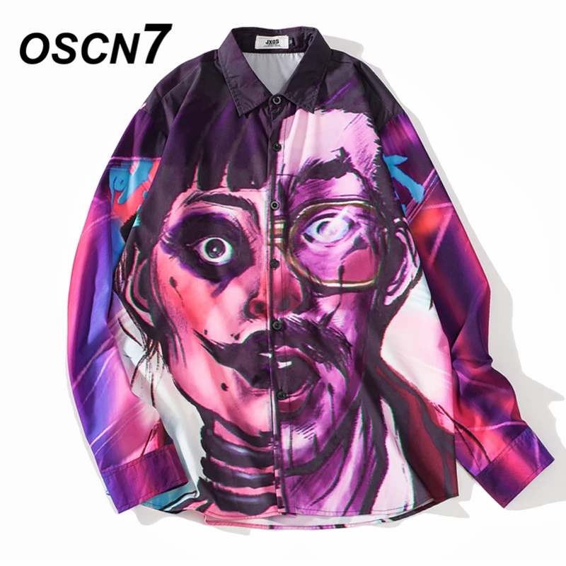 OSCN7 Casual Printed Long Sleeve Shirt Men Streetwear Fall Hawaii Beach Long Sleeve Shirts Harujuku Mens Shirt QJ16