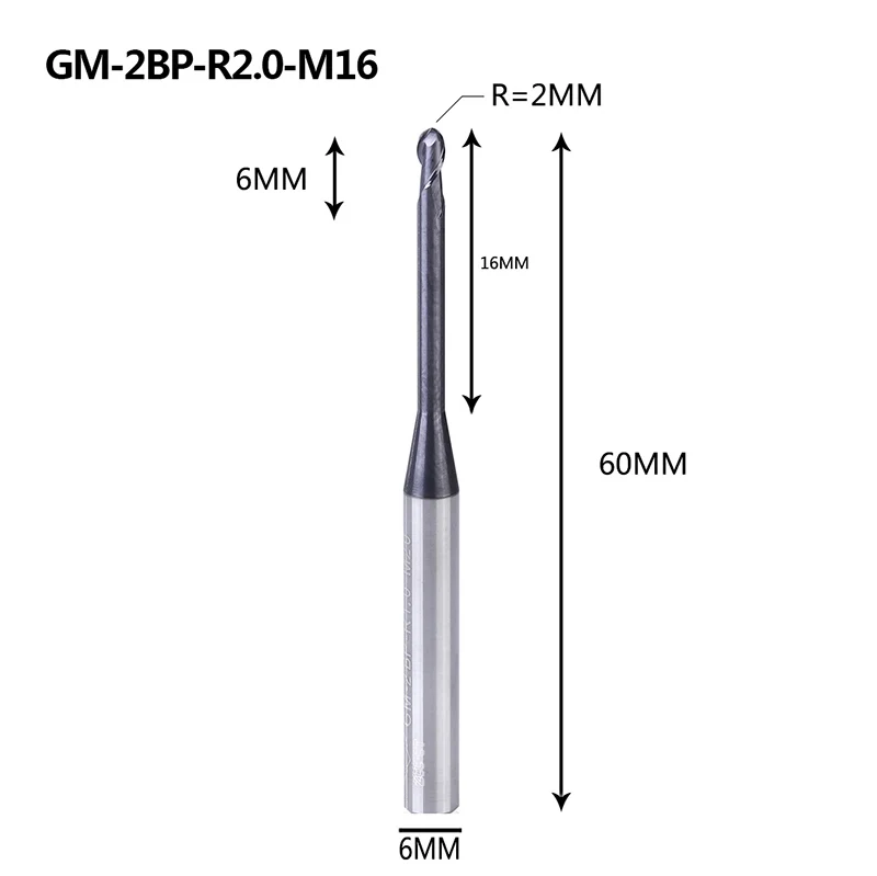 GM-2BP R1.0-R2.5 твердосплавная Концевая фреза 2 флейты с круглым носом и длинной шеей с коротким отрезным краем с покрытием фрезерный станок с ЧПУ режущие инструменты - Длина режущей кромки: GM-2BP-R2.0-M16