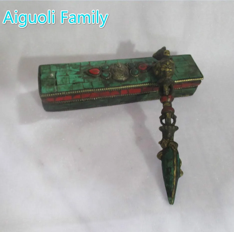 

Collectible Tibetan Buddhist instruments Old Copper Carved statue with box ,Antique Metal Magic wand from Tibet/Nepal 003
