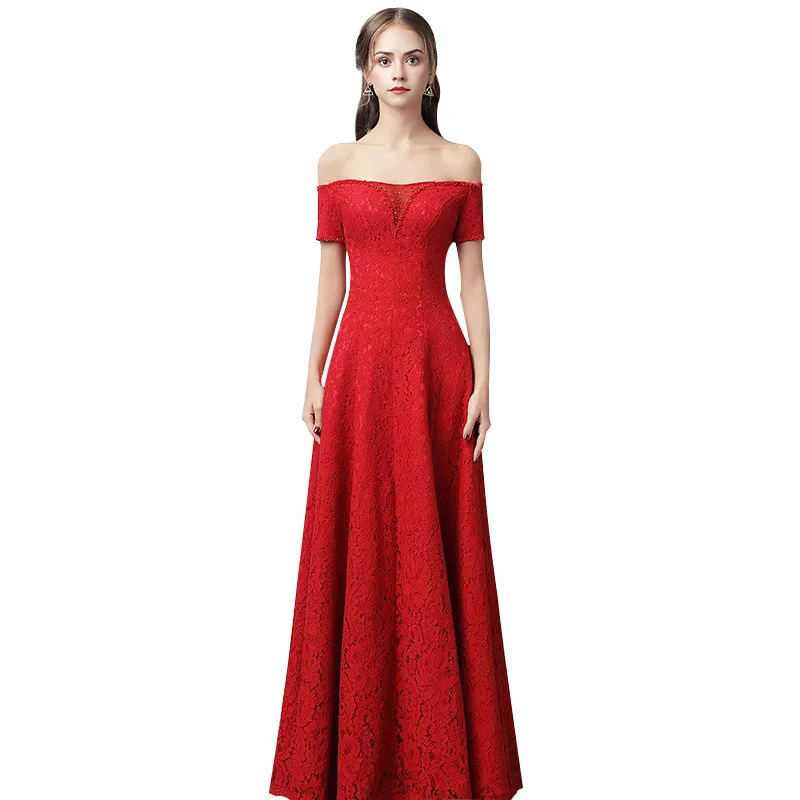 

Vestido De Festa Temperament wine red Lace Boat Neck Long Evening Dress Bride Party Sexy Backless beads pearls Prom Dresses