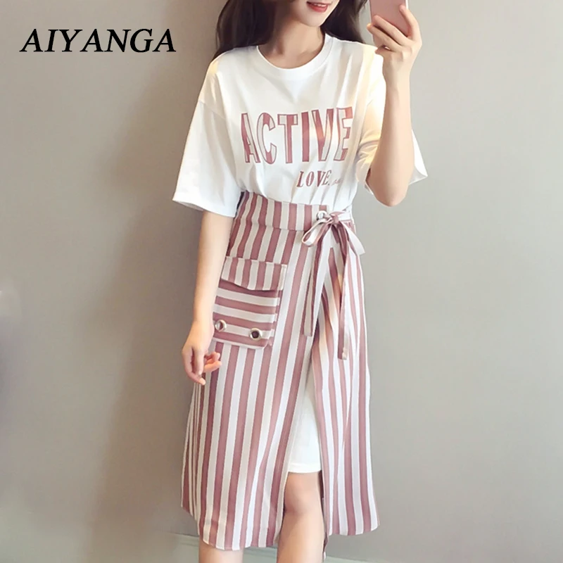 

M L XL 2XL 3XL 4XL 2018 New Fashion Women 2 Pieces Dress Summer Lace Up stripe Dress Letter Print High Waist Short Sleeve Lady