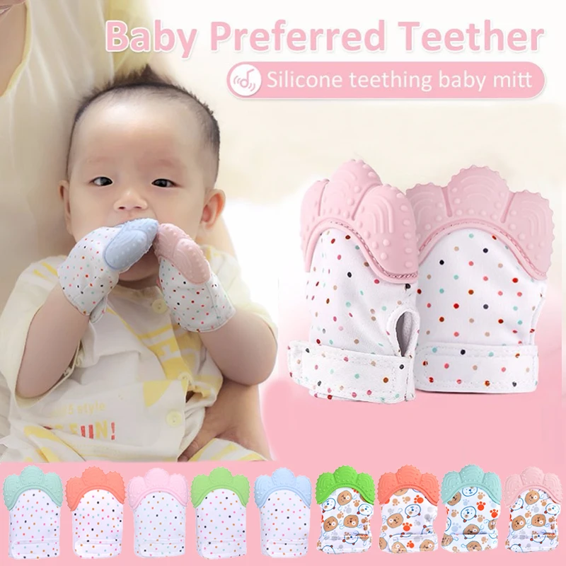 

CYRAN Newborn Chewable Nursing Mittens Natural Stop Sucking Thumb Educational Toy Soft Sound Baby Silicone Teethers BPA Free
