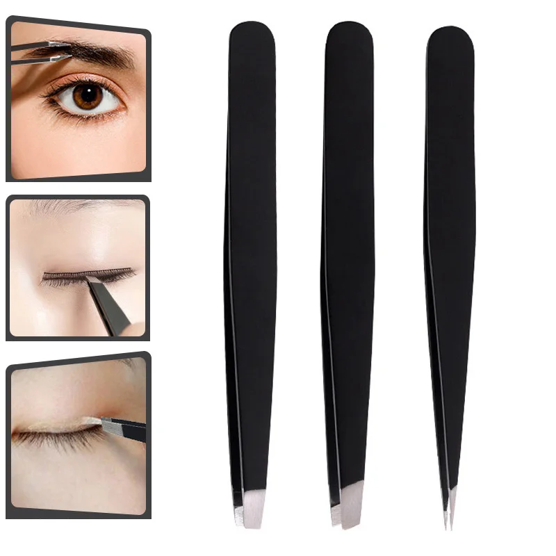 3pc Eyebrow Tweezer Set Stainless Steel Slant Tip/Point Tip/ Flat Tip