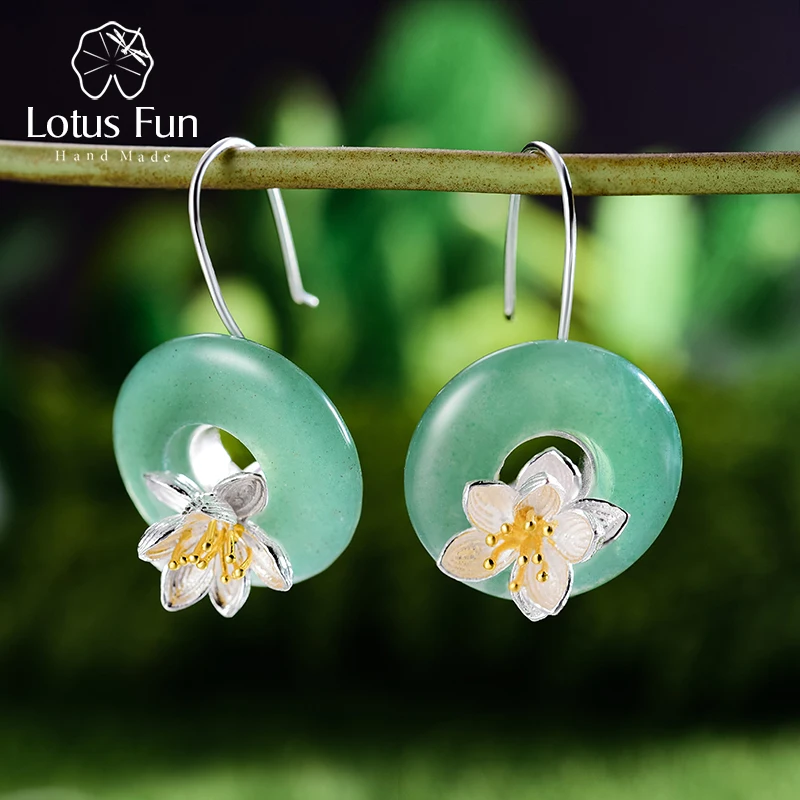 

Lotus Fun Genuine 925 Sterling Silver Earrings for Women Round Green Aventurine Flower Hook Drop Earring valentines day gift