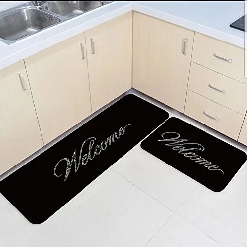 

2 Piece Kitchen Mats and Rugs Set Welcome Word Black Home Deocr Non Skid Area Runner Doormats Carpet