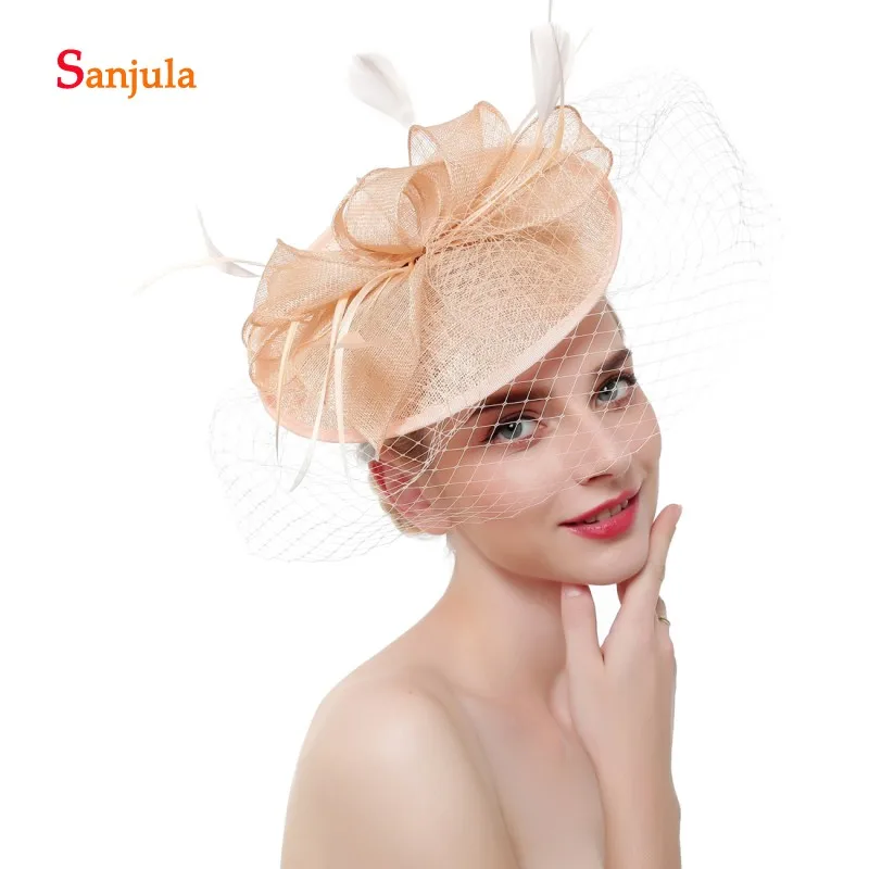 

Champagne Linen Wedding Hats and Fascinators for Bridal Headwear with Face Veil Elegant Women Party Hat sombrero boda H169