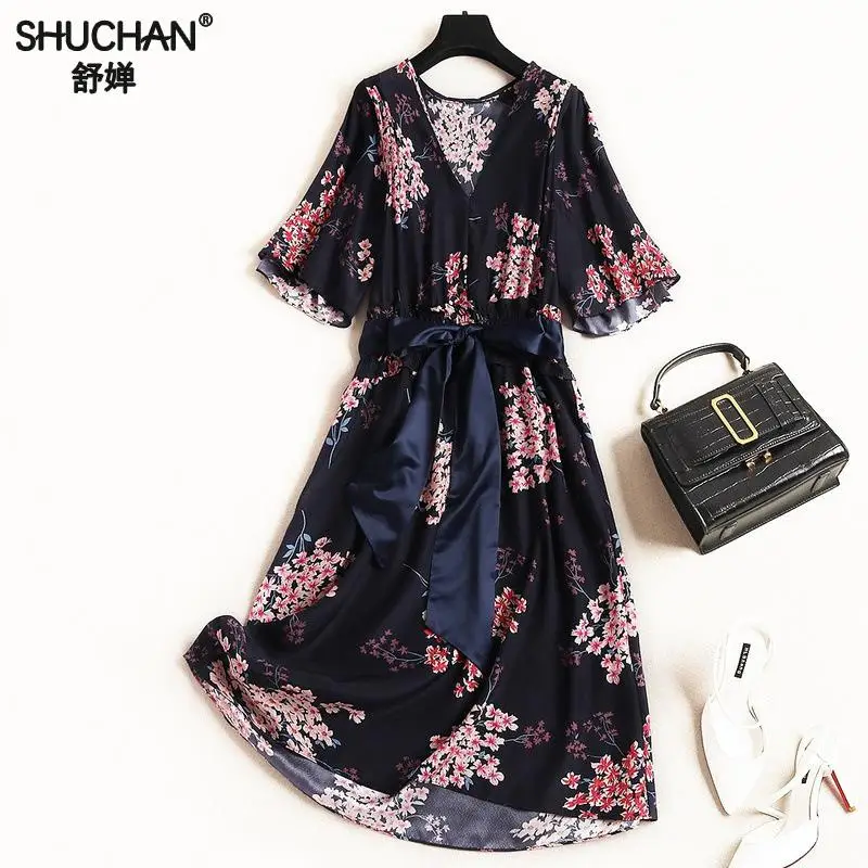 

Shuchan Prairie Chic Dress For Summer Woman Print Short Butterfly Sleeve Sashes V-neck Casual Vestidos Dresses New Arrival 2019