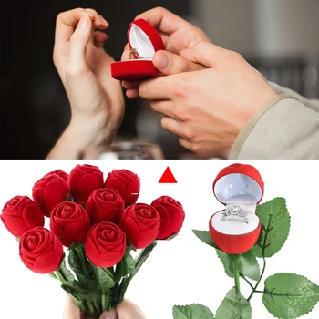 

Romantic Rose Flower Ring Box Velvet Wedding Propose Engagement Jewelry Box Valentines Gift Box Jewelry Packaging Case