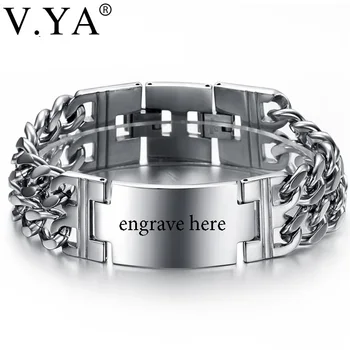 

V.YA Wide Wristband Chain Bracelets Men Boy Punk Stainless Steel Fashion Engraved Name ID Unique Bracelets Bangle for Male