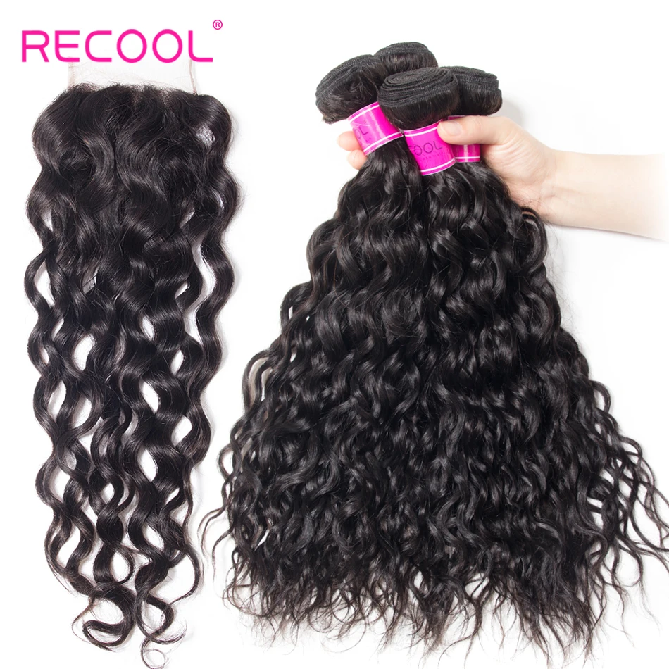 

Recool Hair Water Wave Bundles With Closure 4Pcs/Lot Mix Length Indian Human Hair 3 Bundles With Lace Closure Remy Hair