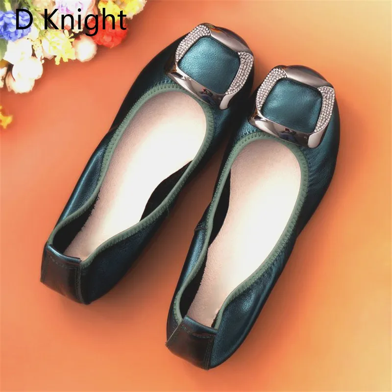 Comfortab Women's Flat Shoes Large Size 12 Genuine Ballet Leather Footwear for Women Csytal Metal Decoration Female Loafer Shoes (6)