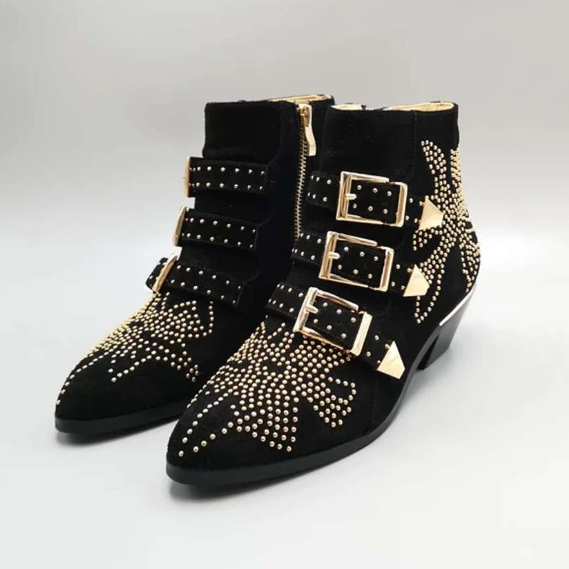 JAWAKYE/пикантные кожаные ботильоны Susanna с заклепками и пряжкой; женская зимняя обувь на каблуке «рюмочка»; женские ботильоны с шипами