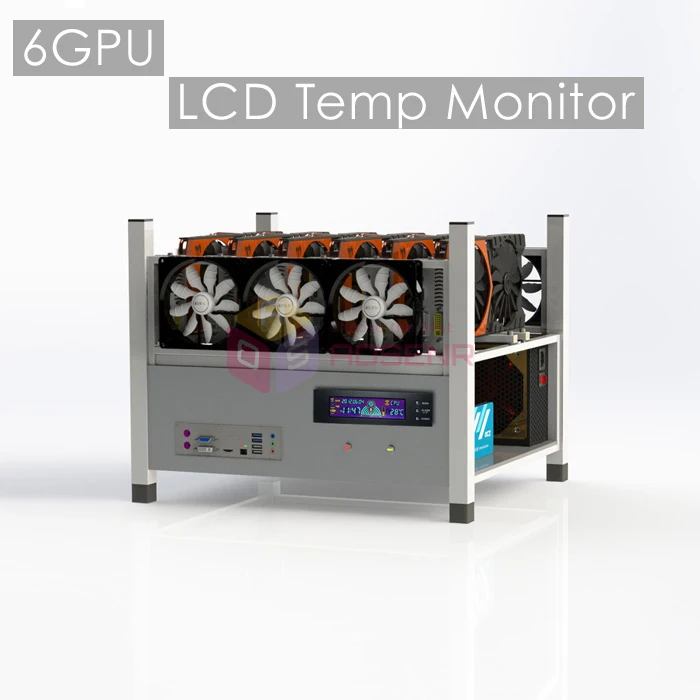 6 GPU LCD Open Air Mining Case Frame Rig Computer ETH Miner With Temp Monitor 6 Fansin Tool