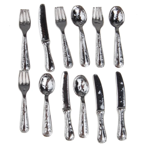 1/12 12 Pcs Dollhouse Miniature Forks, Spoons & Knifes Tableware Stainless Steel Tableware Set  Kitchen Accessories Toys