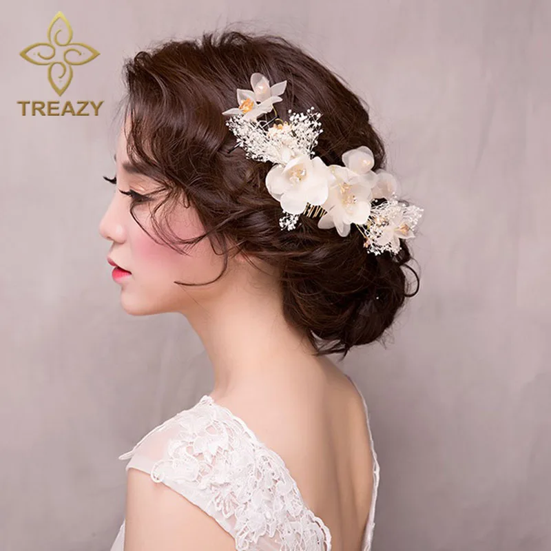 

TREAZY 3Pcs/Set Bridal Hair Accessories Cream-colored Dried Flower Brides Hair Clip Hair Combs Handmade Wedding Hair Jewelry