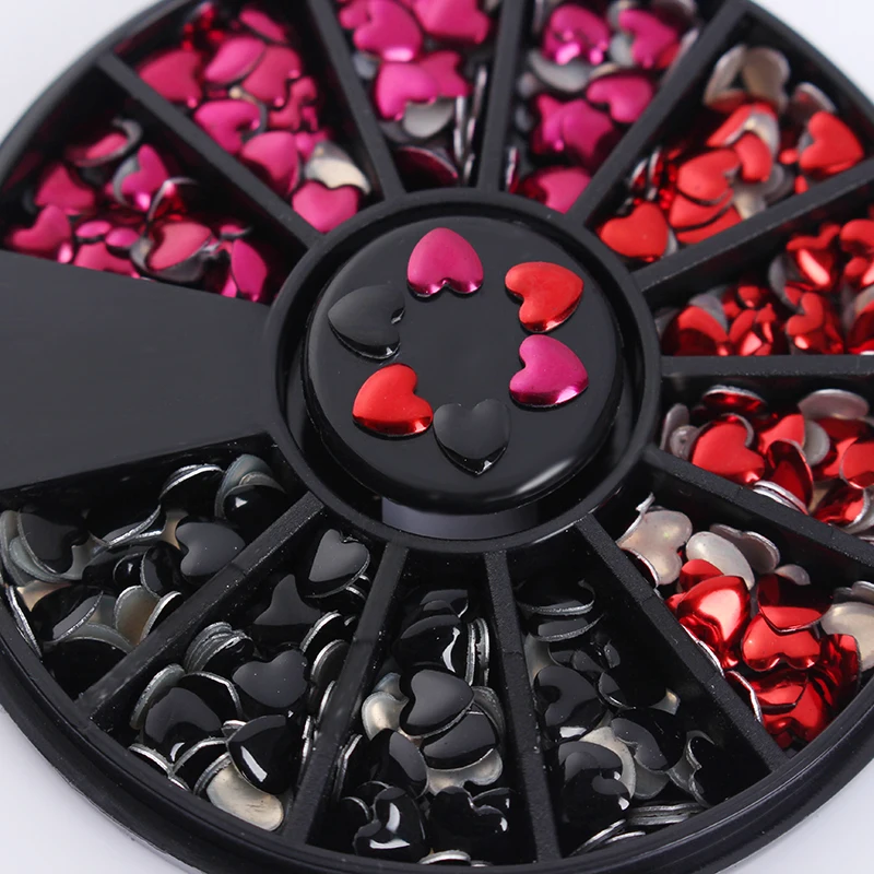 

1 Box Nail Rhinestone Heart Design Mixed Color Red Black 3D Nail Art Decoration in Wheel Manicure DIY Nail Art Decoration