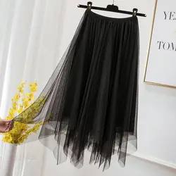 Однотонная трапециевидная винтажная юбка миди Saia вечерние платья принцессы феи Стиль Тюль Пышные Jupe Femme Асимметричная шикарная летняя юбка