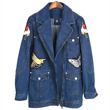 Г., модные джинсовые куртки с длинными рукавами, расшитые цветочными кранами, с вышивкой, на молнии, для отдыха, универсальная верхняя одежда