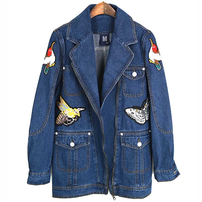 Denim Mode Manteaux Lavé Loisirs Vestes Outwear Appariés Bleu 2018 Top Tous Lâche Grue Hot Floral Broderie Manches Zipper À Longues wFxYAqXPO