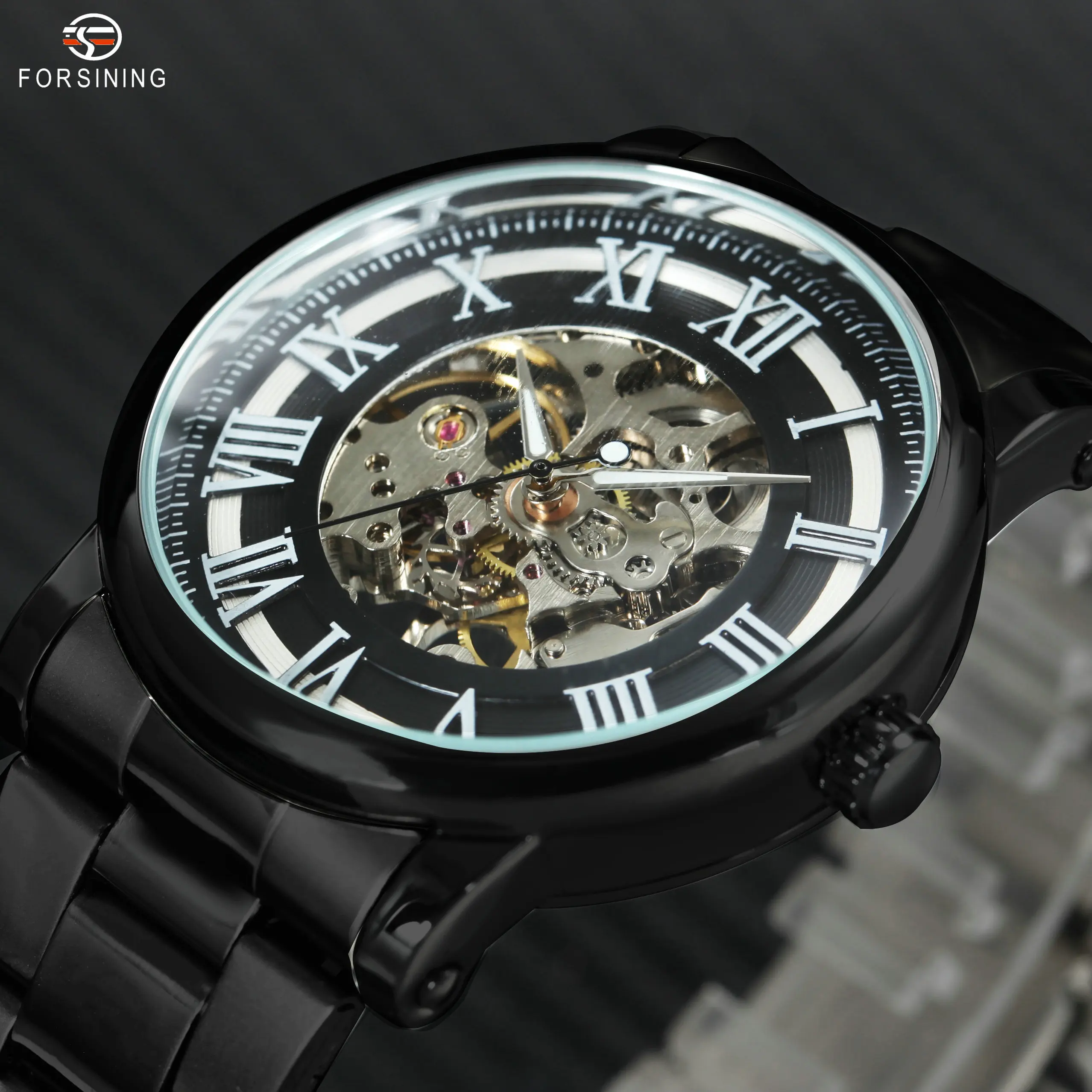 

FORSINING Skeleton Mechanical Watches Men Roman Numerals Luminous Hands Dial Stainless Steel Strap Fashion Men Black Wristwatch