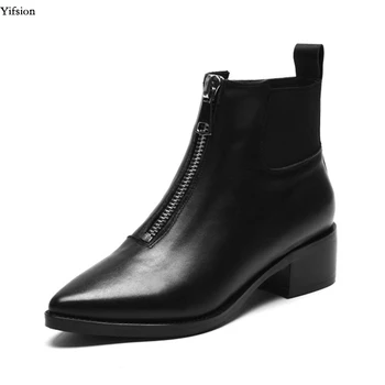

Olomm New Women Winter Leather Chelsea Ankle Boots Square Heel Charm Pointed Toe Nice Black White Shoes Women US Size 3-10.5