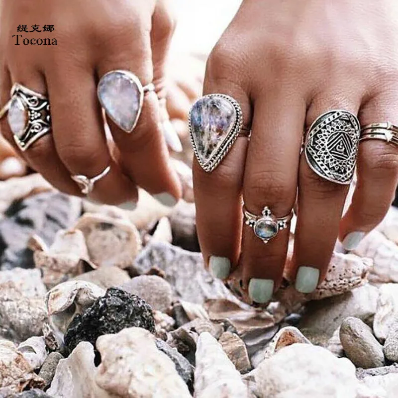 

Tocona 7pcs/Set Vintage Antique Silver Water drop Opal Stone Knuckle Finger Midi Rings Set for Women Bohemian Jewelry 6338