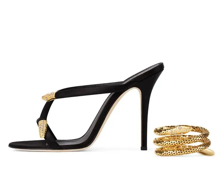 New 2018 Summer High Heel Shoes for Woman Gold Snake Cross strap Thin Heels Slides Open Toe 