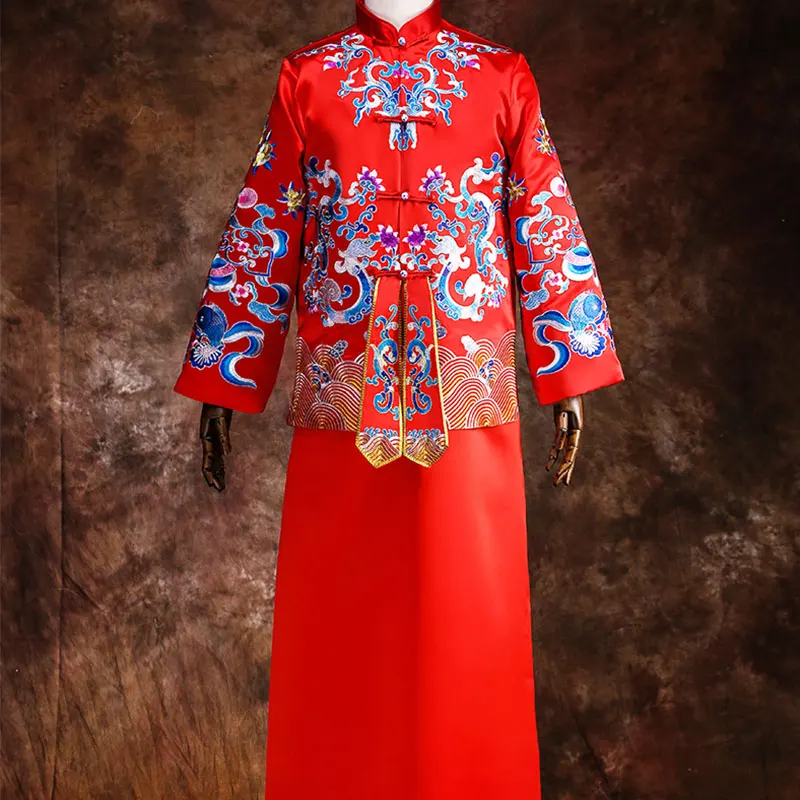 Xiuhe жених свадебное платье Дракон Феникс Восточный Тан Ципао свадебный тост костюмы мужской красный Чонсам китайский стиль для мужчин