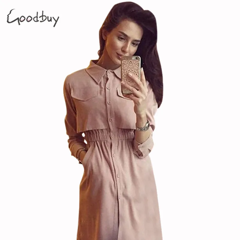Goodbuy 2017 женские летние dress длинным рукавом длиной до колен офис сплошной передней