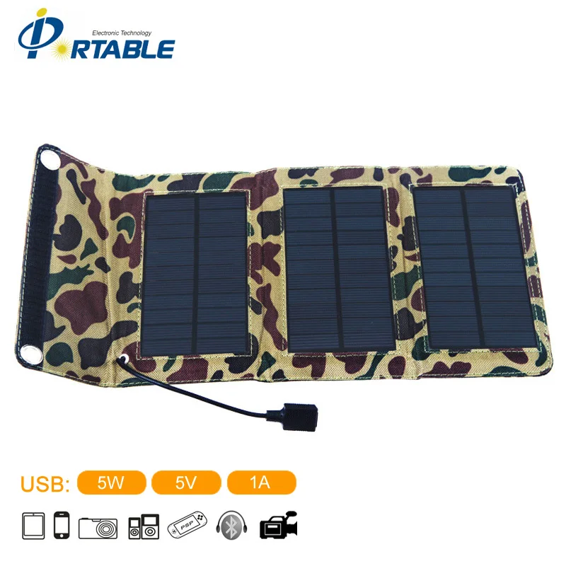 5W Portable Solar Charger Outdoor Folding Charger Bag Solar Panel In Camouflage Green Color For