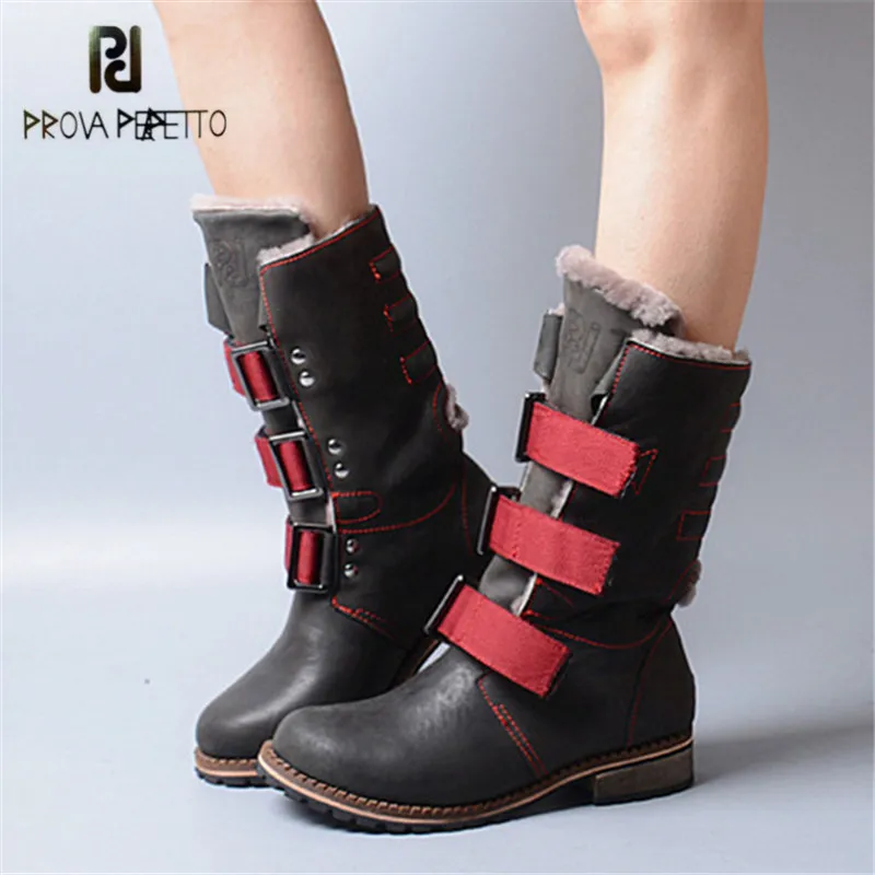 

Prova Perfetto 2017 Winter Women Warm Snow Boots Buckle Straps Genuine Leather Low Heel Fur Boots Retro Mid-calf Botas Mujer