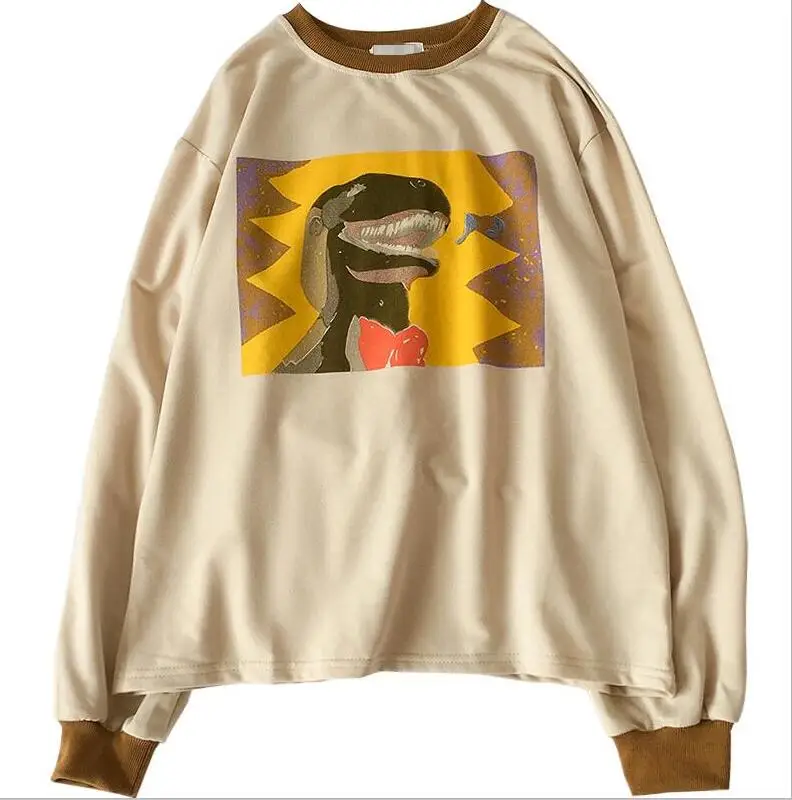 

Autumn 2018 new women's dinosaur print spell color round neck t-shirt female