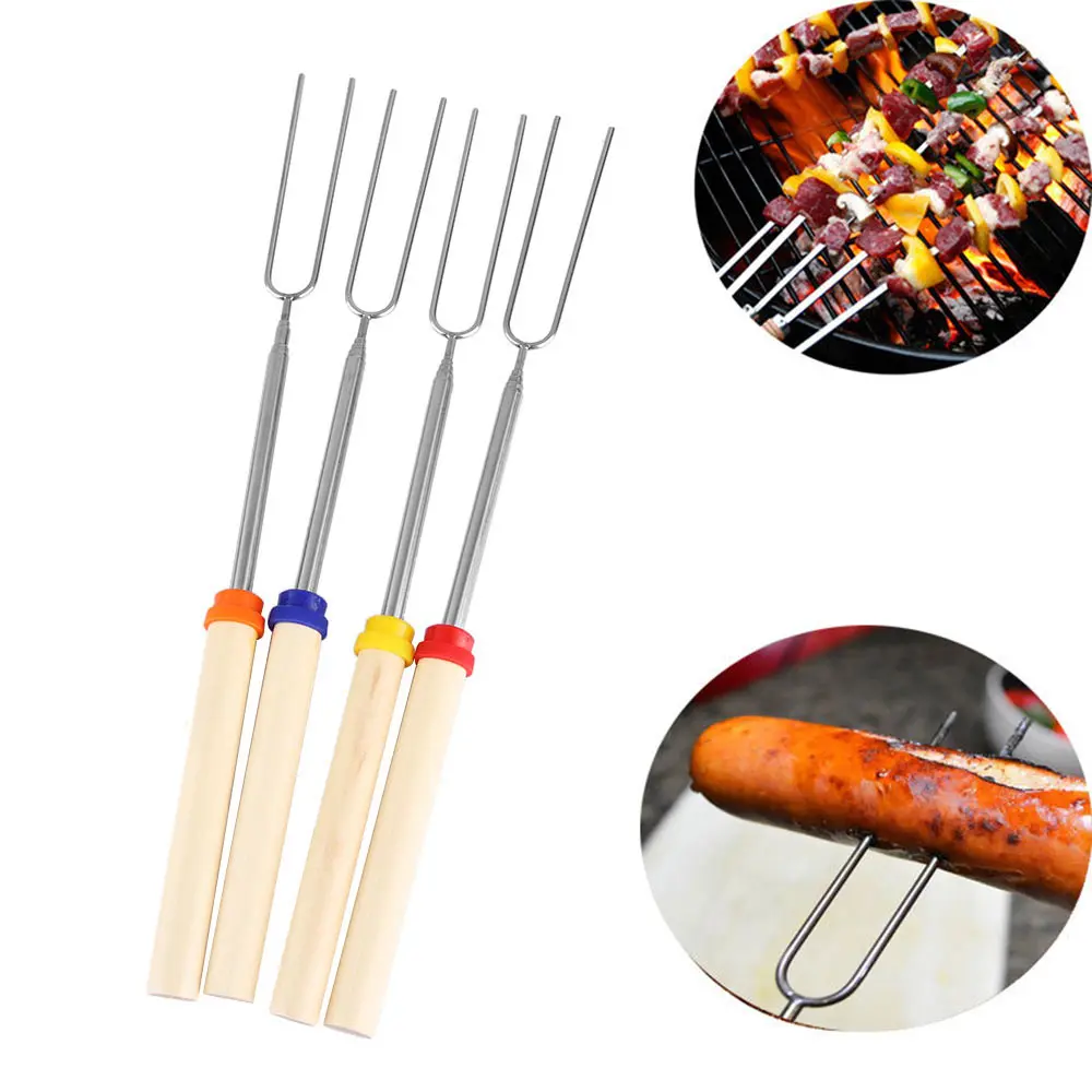 

1PC Camping Campfire Hot Dog Telescoping Roasting Fork Sticks Skewers BBQ forks Outdoor Fork Home & Kitchen Random Color