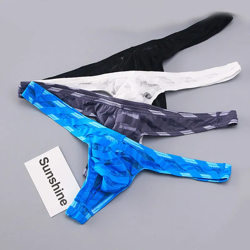 

Sexy Men Stripe Mesh Transprant U Convex Pouch G-string Breathable Jockstrap Underwear Sexy Stripe G String Thong Gay Wear F7
