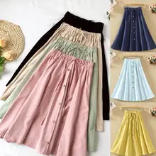 Женская эластичная высокая кружевная Талия дикая свободная однотонная Кнопка Досуг льняная юбка женские летние юбки jupe femme синий розовый