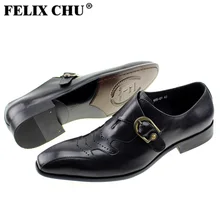 FELIX CHU Mode Modernen Herren Slip Auf Schnalle Echtes Leder Brogue Formale Mann Kleid Schwarze Schuhe Partyabend Hochzeit #185-01