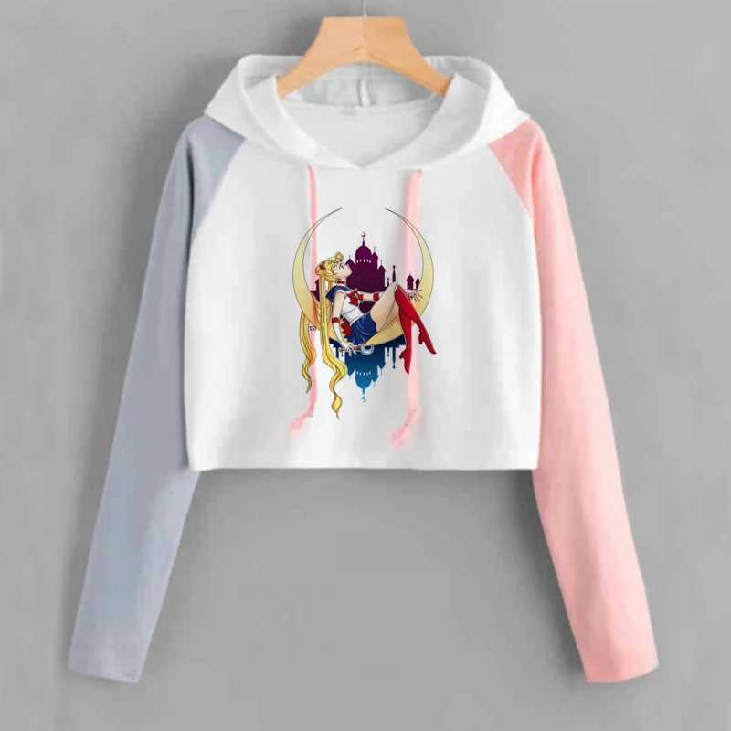  Sailor Moon Crop Hoodies Sweatshirts Women Kawaii Clothes Long Sleeve Harajuku Sailor Moon Cat Copp