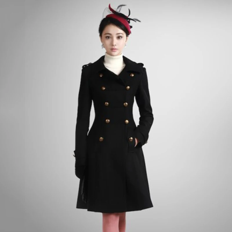 Black Military Winter Coat Double Breasted Swing Woolen Flared Coat For Womenin Wool & Blends