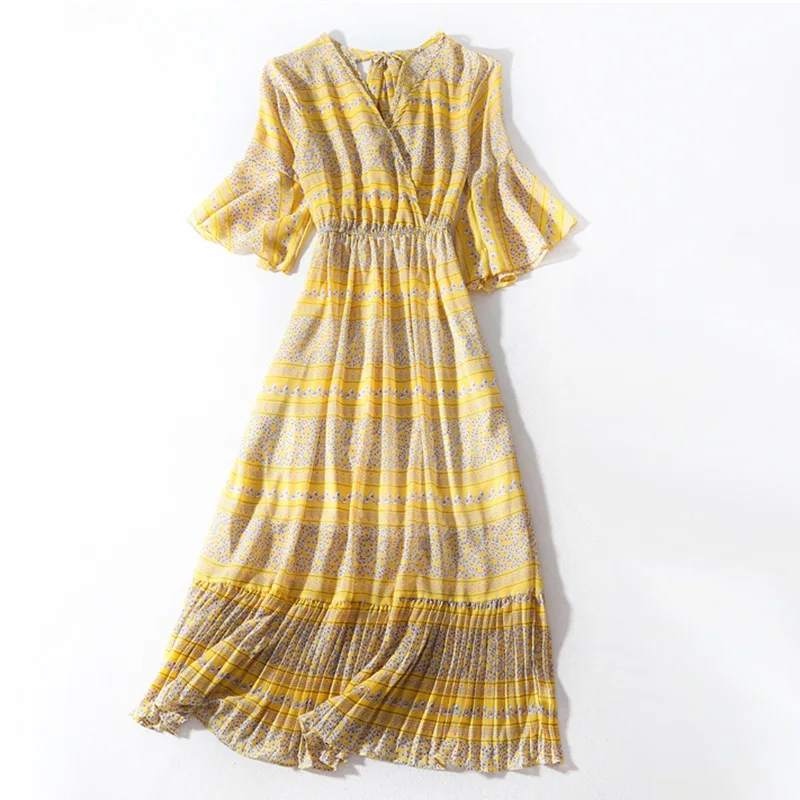 Trytree летнее осеннее Повседневное платье женское платье с v-образным вырезом и расклешенными рукавами с эластичной талией ТРАПЕЦИЕВИДНОЕ ПЛАТЬЕ до середины икры для отдыха стильное платье - Цвет: Yellow