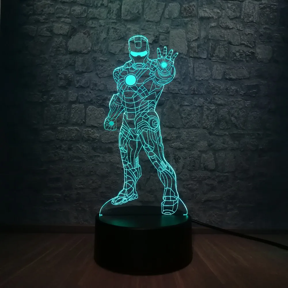 С героями комиксов Марвел, рисунок Железный человек 3D светодиодный ночной Светильник щит RGB лампа 7 цветов изменить Прохладный мальчик декор комнаты подарок к празднику USB Base desktoр зарядное устройство с сенсорным выключателем