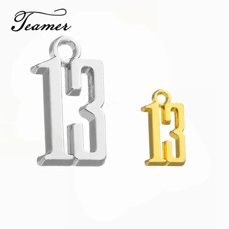 

Teamer 20pcs/lot Gold Silver Color Rhodium Handmade Number 13 Charm for Birthday Party Jewelry Necklace/Bracelet Small Pendants
