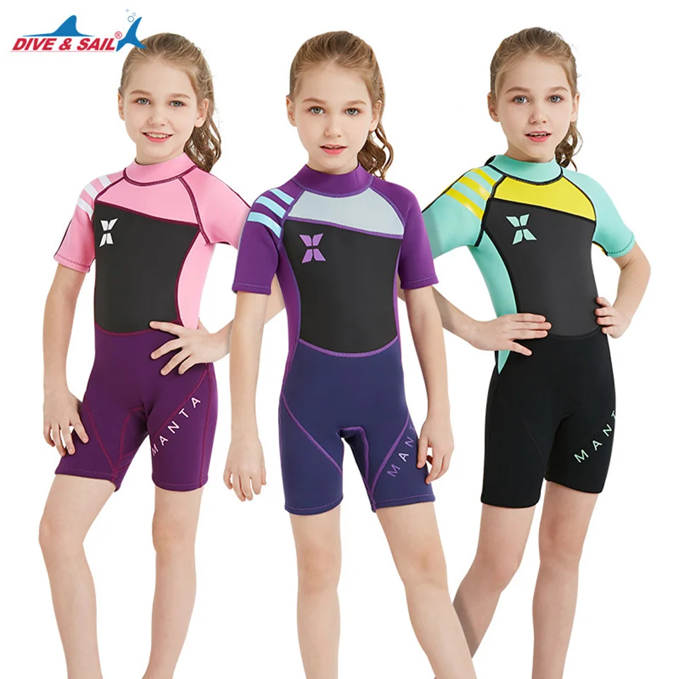 

Kids 2.5mm Neoprene Wetsuit Girls Short Sleeved Surf Dive Wet Suit Children One-piece Swimwear Sunscreen Warm Clothing